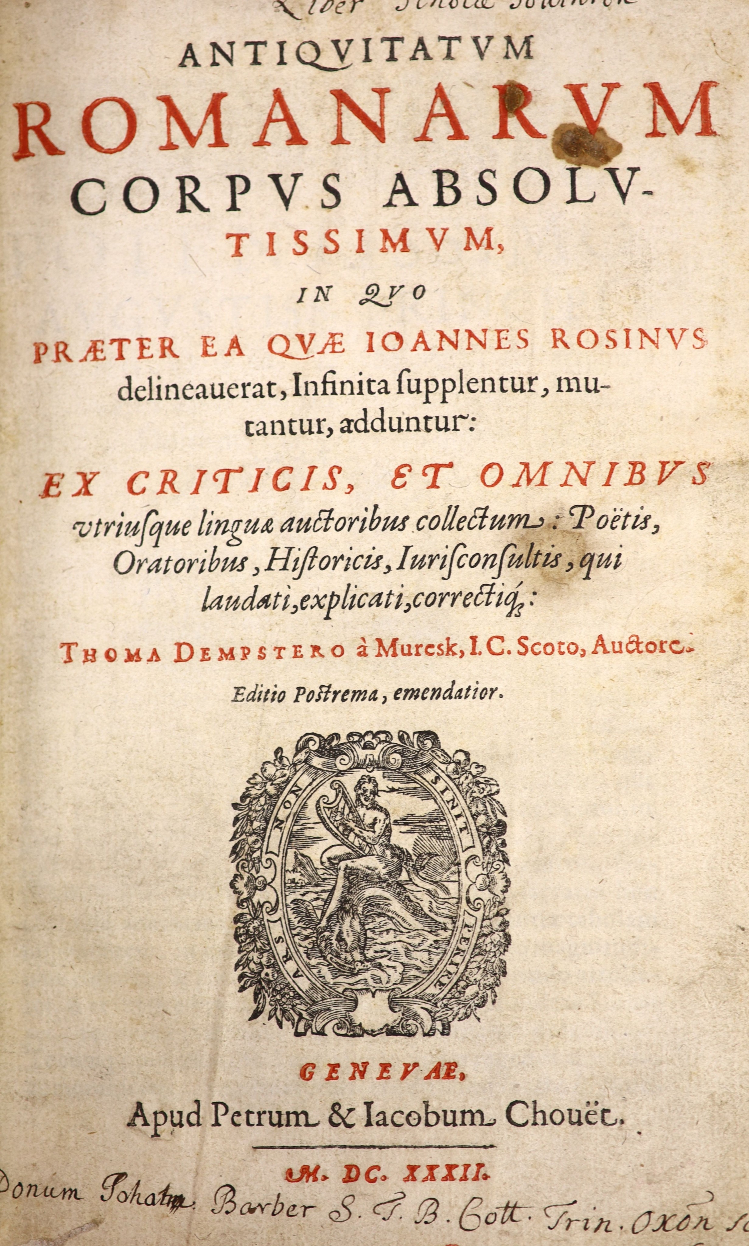 Dempster, Thomas - Antiquitatum Romanarum Corpus Absolutissimum ..... editio postrema emendatior, engraved title device, headpiece decorations, 2 folded plans, text engravings; newly rebound half morocco and marbled boar